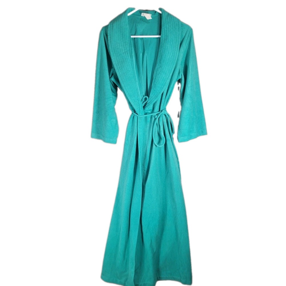 Vintage JCPenney Robe Womens Medium Emerald Green Velour Maxi Bathrobe Belt USA